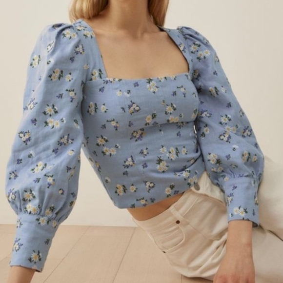 Rachel Zoe Tops - Blue Corset Style Floral Long Sleeve Crop Top - Women's Medium